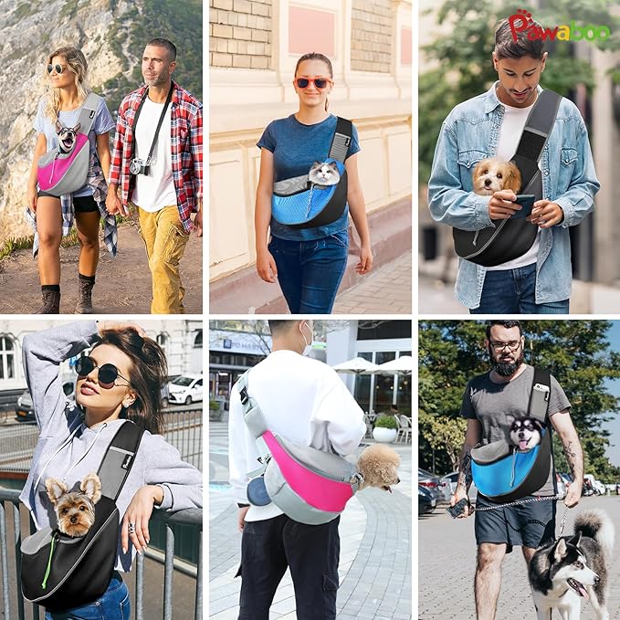 Pawaboo Pet Dog Sling Carrier, Hand Free Drawstring Dog Papoose with Adjustable Strap, Breathable Mesh Bag for Puppy Cat, Crossbody Satchel Dog Purse with Pocket for Outdoor, Dark Gray+Black, Small
