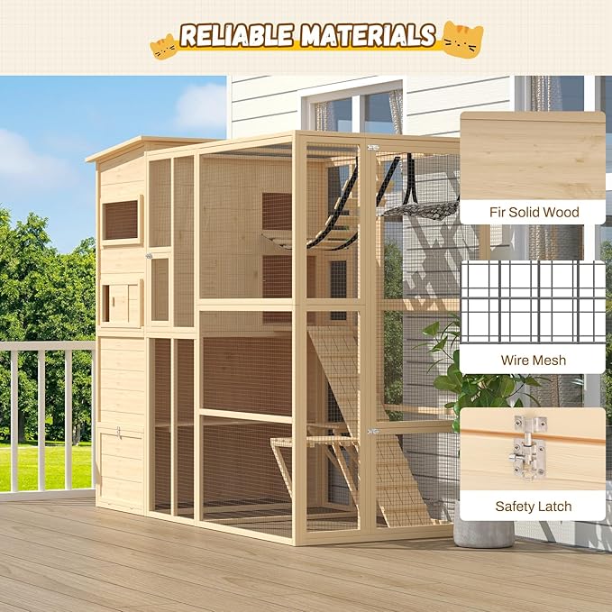 Large 4-Tier Outdoor Cat Enclosure Walk-in Catio with Weatherproof Solid Wood House, Connect to Window, 4 Platforms, 4 Private Resting Rooms & Bridge, for Multiple Cats (Natural)