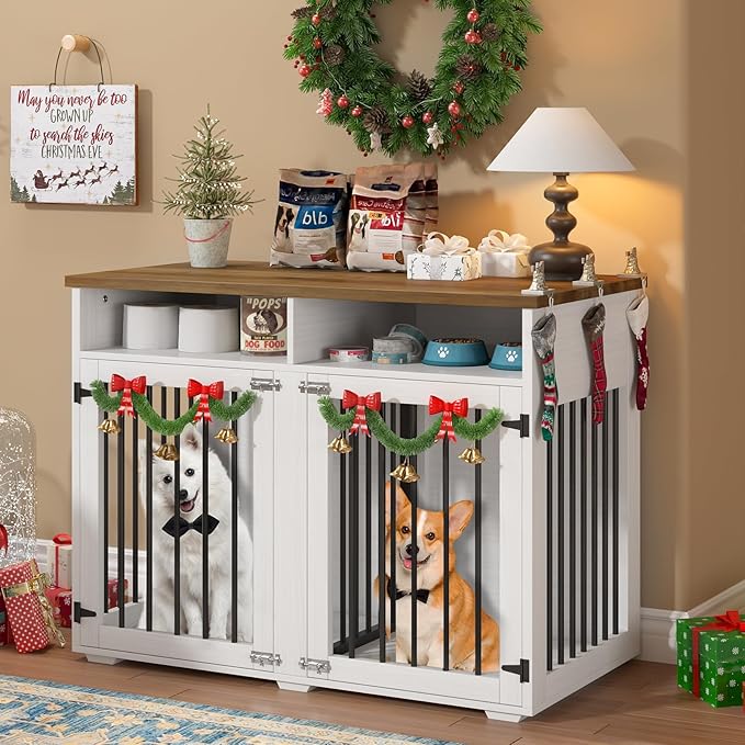Furniture Dog Crate for Two Dogs, 41 Inch Farmhouse Style Dog Kennel with Removable Divider and Thickened Desktop, Heavy-Duty Base for Small to Medium Dogs, White