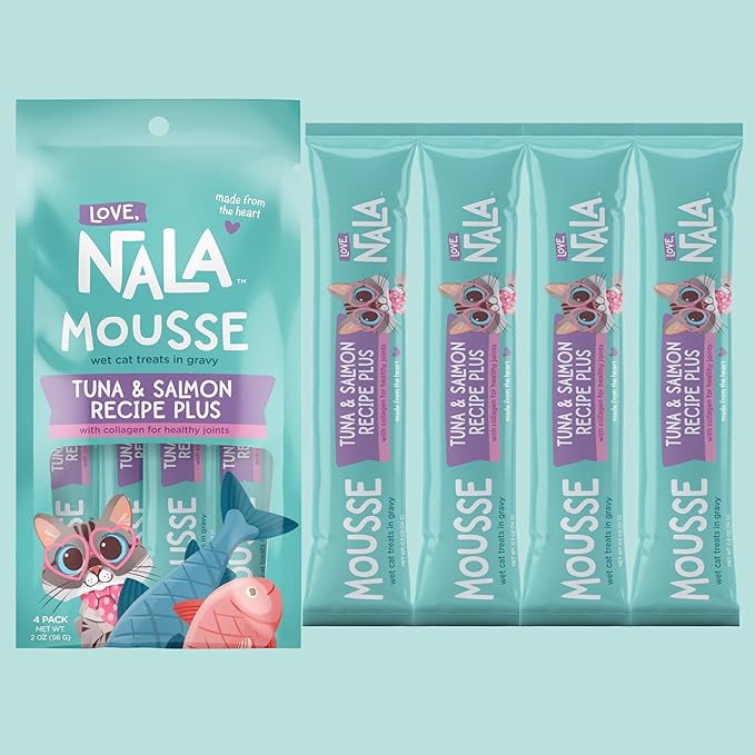 LOVE, NALA Skin & Coat Health – Tuna & Salmon + Collagen Mousse Cat Treats – Lickable Squeeze-Up Puree, Topper or Treat – Grain-Free, 4 Pack – Human-Grade Protein, Non-GMO, No Artificial Additives