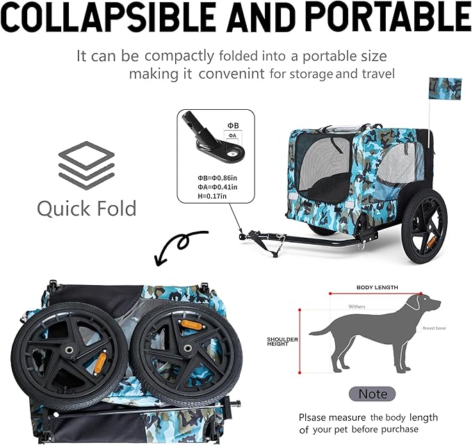 Collapsible Pet Bike Trailer, Portable Dog Bicycle Trailer with Enhanced Safety Design, Weatherproof & Ventilated Pet Carrier for Small to Medium Pets Up to 66 lbs (Blue)