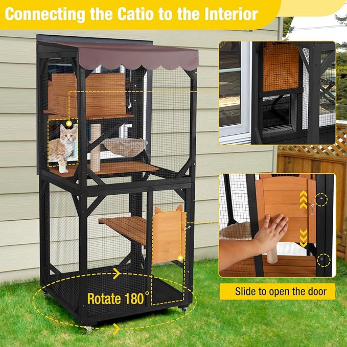 Aivituvin Catio Outdoor Cat Enclosure on Wheels Indoor Kitty House with Cat Bed, Scratching Post, Jumping Platforms, Waterproof Roof