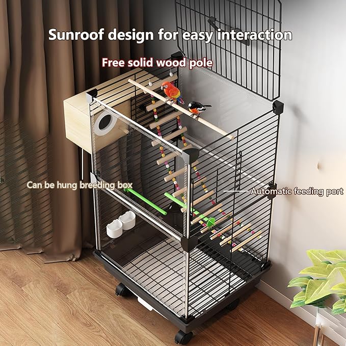 Bird Cage,Large Parrot Cage with Acrylic Doors, 3-Tier Movable Birdcage Parakeet Cage w/Wheels, 360° View Spacious Interactive Bird House (White, with breeding Box)