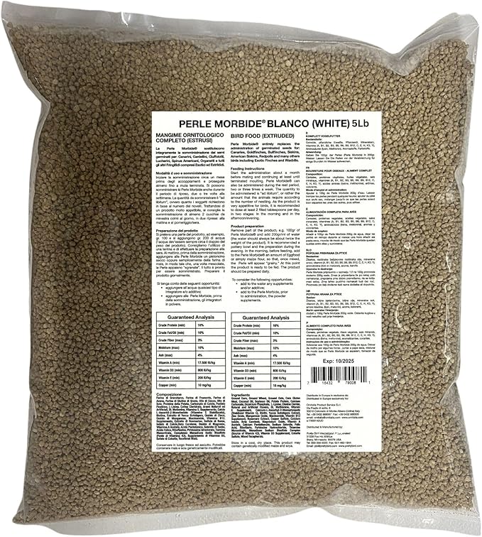 Perle Morbide White Soft Food for Canaries, Finches, Siskins, Goldfinches, Waxbills – Protein-Rich Mini Morsels, Easy to Prepare with Water or Eggfood Mix 5Lb