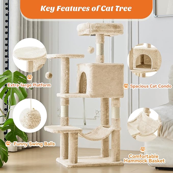 DUMOS Small 44 Inch Cat Tree Tower, Cat Climbing Tower with Natural Sisal Scratching Posts, Hammock, Pet Condo for Indoor Cats and Kittens Play, Beige