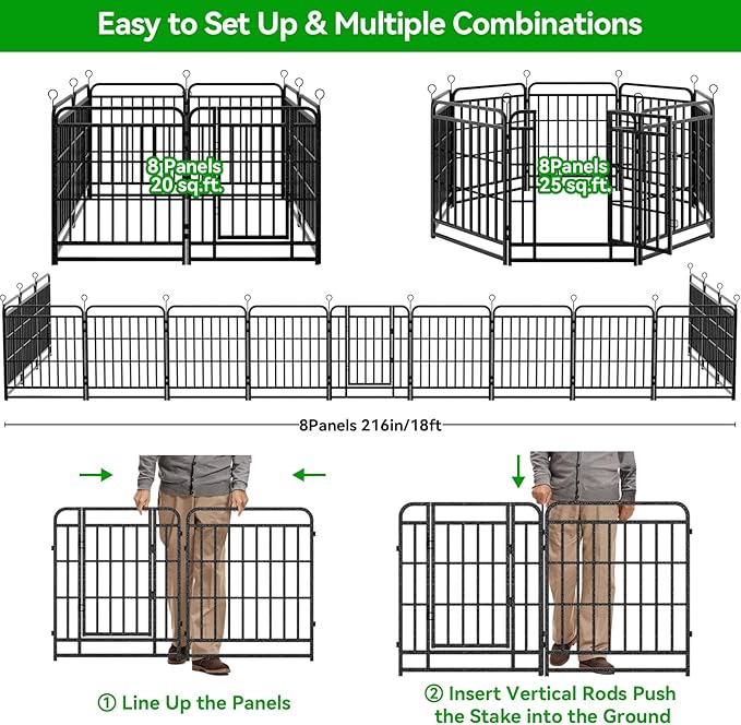 Heavy Duty Dog Playpen: 8 Steel Panels 47" Height, Square Steel Pipe with Reinforced Crossbars, 18FT 25 Sq.ft Portable Fence for Yard RV Camping, Snowy Black