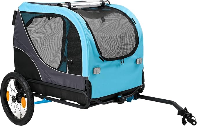 ClevrPlus 2-in-1 Pet Bike Trailer & Large Foldable Dog Stroller Pet Cart Carrier, Blue, 80 Lbs Capacity, Dog-Friendly Designs, Easy Folding Frame, Universal Bicycle Coupler, and Safety Flag