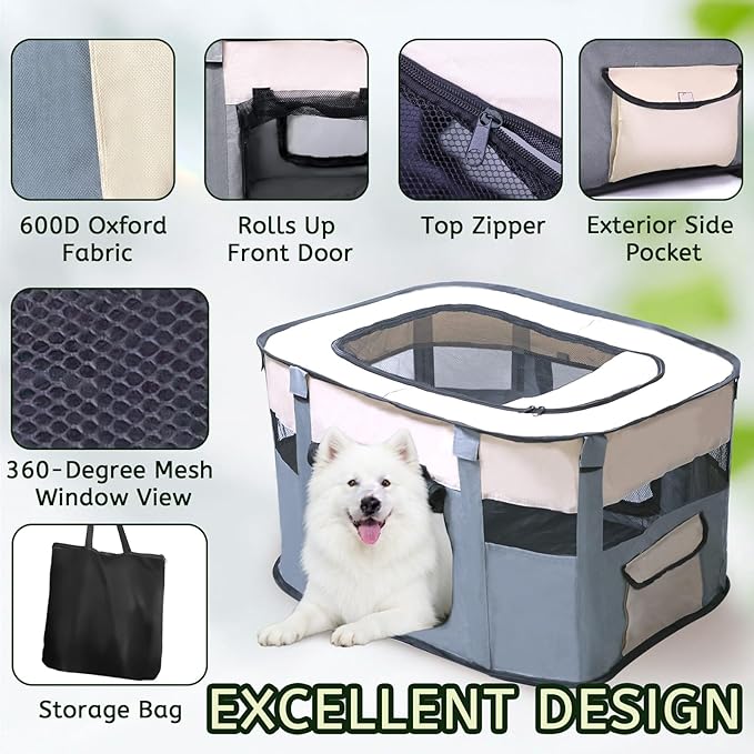 Dog Playpen,Pet Playpen,Foldable Puppy Cat Playpen, Dog Playpen for Indoor Dogs Enclosed, Outdoor Travel Camping Use, Dog Kennel Tent Crate for Rabbit Small Animals with Carrying Case (Grey, L)