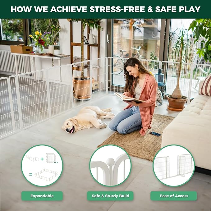 FXW Homeplus Unleashed Indoor Dog Playpen - Stress-Free and Safe Play, Heavy Duty 40 Inch 24 Panels Dog Pen for Medium and Large Dogs, White│Patented