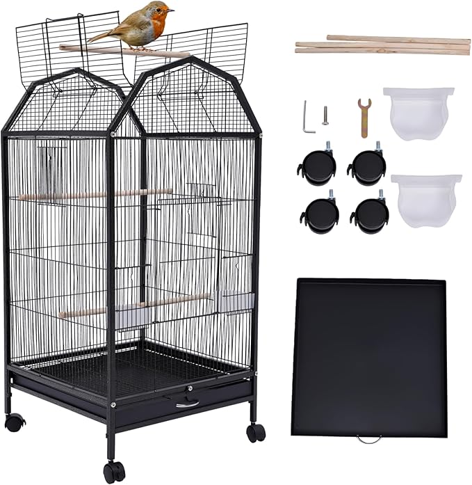 40 Inch Play Open Top Big Bird Cage with Food & Water Bowls Parakeet Bird Cage with Stand, Wheels Metal Birdcage Parrot Cage for Parakeet, Lovebirds, Ringneck, Cockatiels (Black, Open Top)