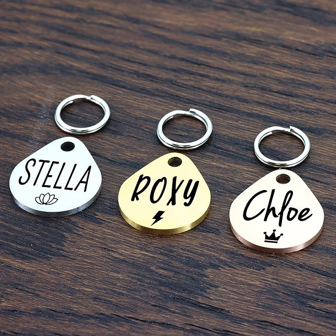 Ultra Joys Cat ID Tag Personalized Pet Tags, Durable Stainless Steel Small Pet Mini Dog Cat Tag Lightweight -Teardrop Tag in Gold