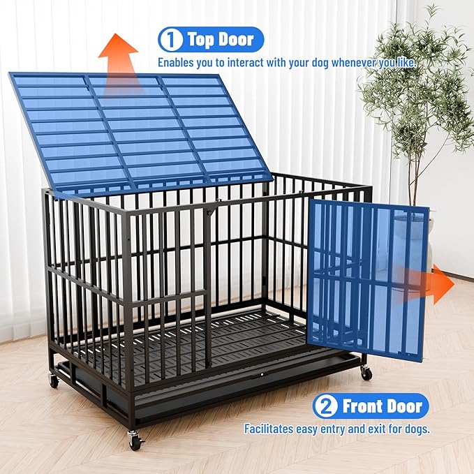 48 Inch Heavy Duty Indestructible Dog Crate, XL Steel Escape-Proof Kennel for Large Dogs, Double Door Design with 4 Locking Wheels & Reinforced Baseplate, Ideal for High-Anxiety Dogs