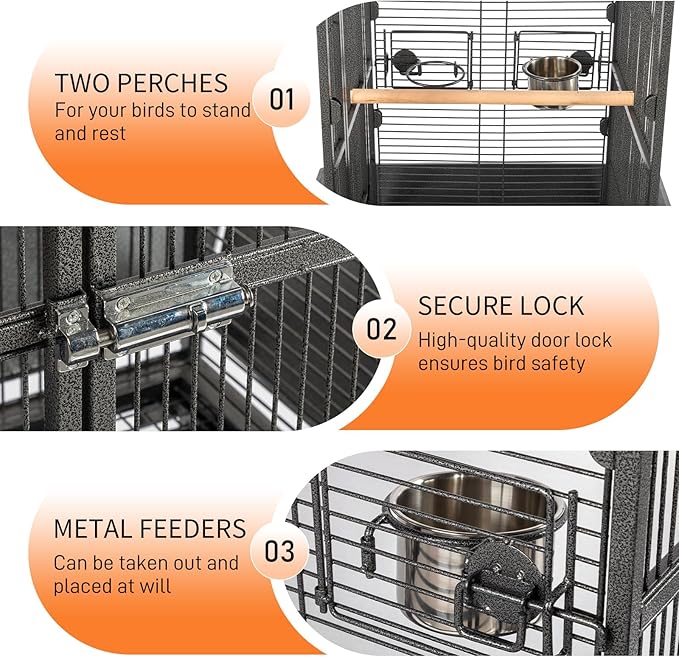 Wrought Iron Rolling Large Parrot Bird Cage,65-inch Wrought Iron Large Rolling Bird Cage with Play Top and Stand for Parrots Lovebird Cockatiel Parakeets, Black