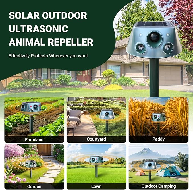 Upgraded 360° Solar Animal Repellent: Cat Repellent Outdoor | Ultrasonic Pest Repeller with Motion Detection & PIR Sensors | Squirrel Repellent for Sankes, Raccoons, Dogs, Skunk, Rabbit, Rodent IP66