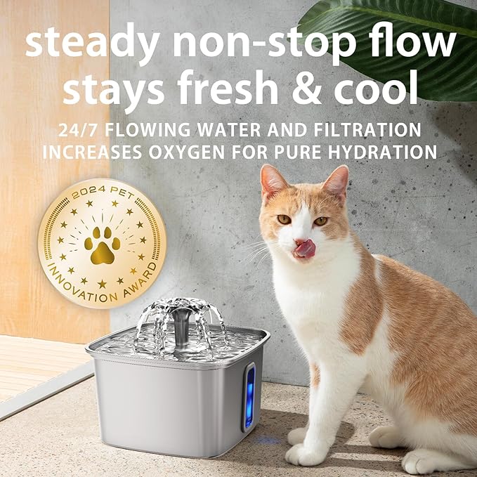Veken Innovation Award Winner Stainless Steel Cat Water Fountain, 108oz/3.2L Automatic Pet Fountain Dog Water Dispenser with 2 PP Housing Replacement Filters & Silicone Mat for Cats, Dogs (Silver)