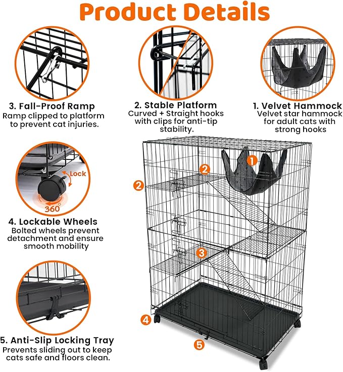 Homey Pet 50 Inch Cat Cages Indoor, Large 4-Tier Cat Crates for Indoor Cats, Collapsible Metal Wire Cat Kennel Big Multi-Level Cat Cage for Adult Cats Kitten Kitty with Hammock, Ramp, 360° Wheels