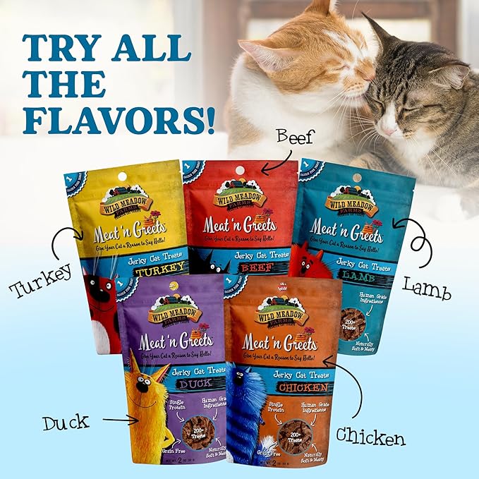 Wild Meadow Farms - Cat Treats - Meat 'N Greets - Soft Jerky Treats with Real Meat, High Protein, Grain-Free, Perfect for Training & Rewarding, All Natural Snacks for Cats - Turkey Flavor