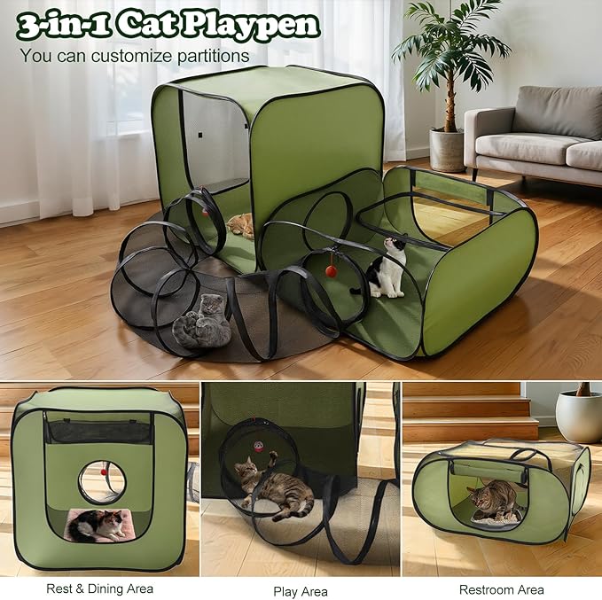 Cat Playpen, 3-in-1 Pop-up Outdoor Cat Enclosure with 2 Rooms 1 Tunnel, Breathable Pet Playpen for Indoor Outdoor Use, Portable Catio Tent with Carry Bag for Kitten Rabbit Small Animals, Green
