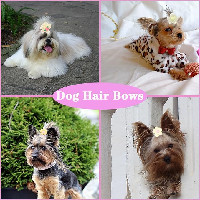 20pc Handmade Puppy Hair Bows Yellow, Cute Bowknot Top Knot with Elastic Bands for Yorkie Grooming