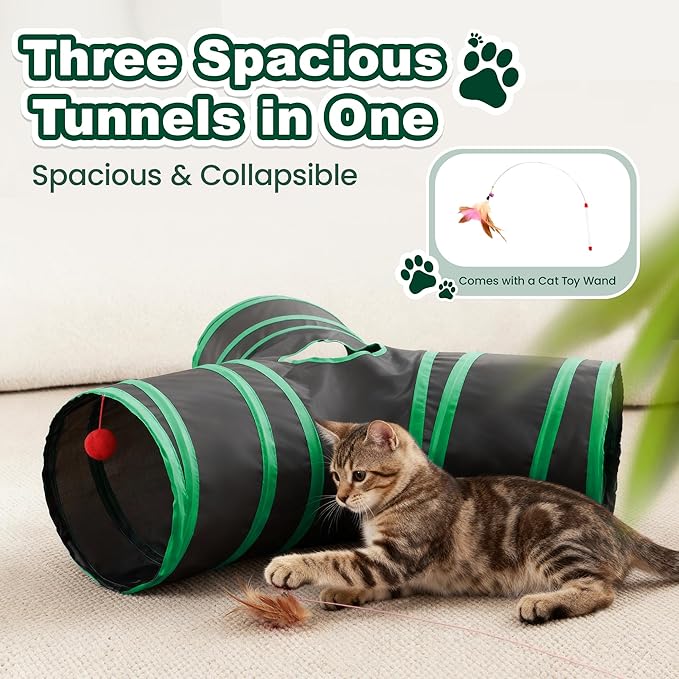 Love’s Cabin Cat Tunnel for Indoor Cats, 3-Way Collapsible Play Tunnel with Teaser Wand, Peek Holes & Toy Ball, Small Pet Toy for Kittens & Rabbits, Black & Green, Small Size