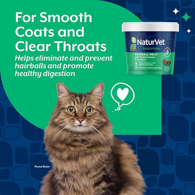 NaturVet – Hairball Aid Supplement for Cats - Plus Pumpkin – Helps Eliminate & Prevent Hairballs – 60 Soft Chews