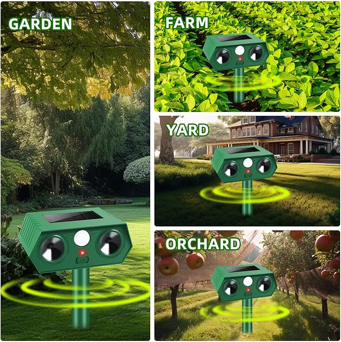 Solar Ultrasonic Animal Repeller Outdoor Cat Deer Repellent Devices, Animal Deterrent Control for Rabbit Raccoon Dog Squirrel Coyote Skunk Repellent for Yard Garden Farm,4 Pack ﻿