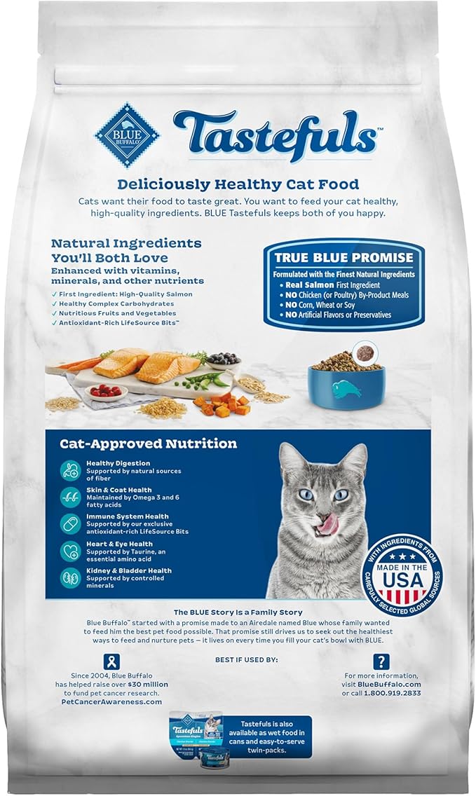 Blue Buffalo Tastefuls Natural Dry Food for Adult Indoor Cats, Salmon & Brown Rice Recipe, 3-lb. Resealable Bag