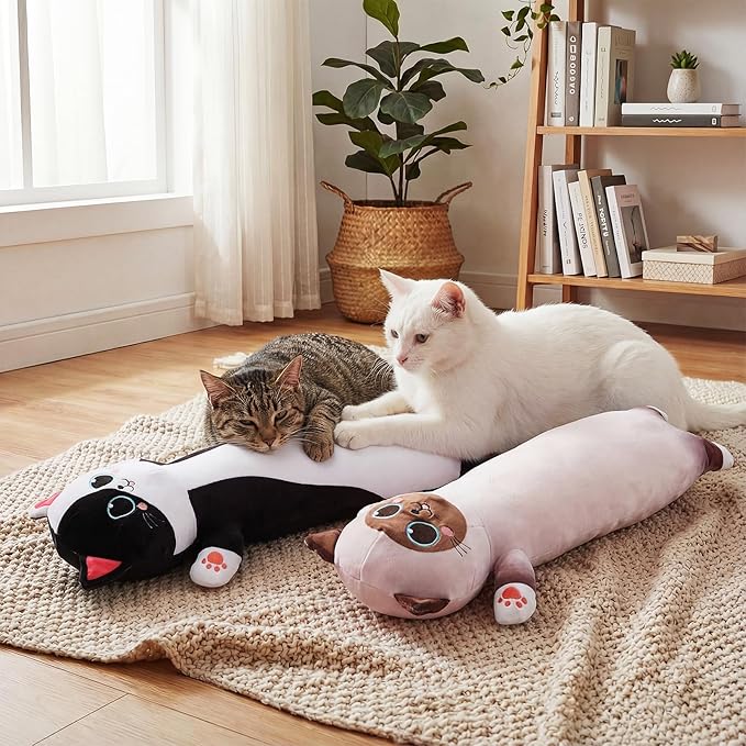 2 Pcs Large Kitty Shaped Pillows for Dogs and Cats Pet Plush Gifts Long Body Stuffed Animal Sleeping Pillows for Medium Large Sized(Cute,Brown,White)