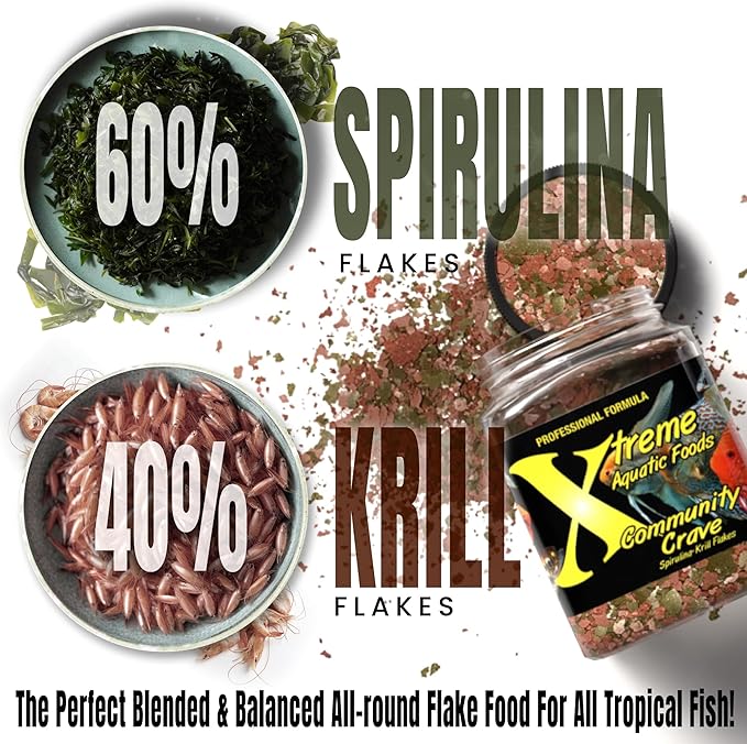 Xtreme Community Crave Flake - Krill & Spirulina Blend for Vibrant Colors, Immune Support and Digestive Health, Tropical & Freshwater Fish Nutrition – Premium Community Aquarium Food (3.5oz)