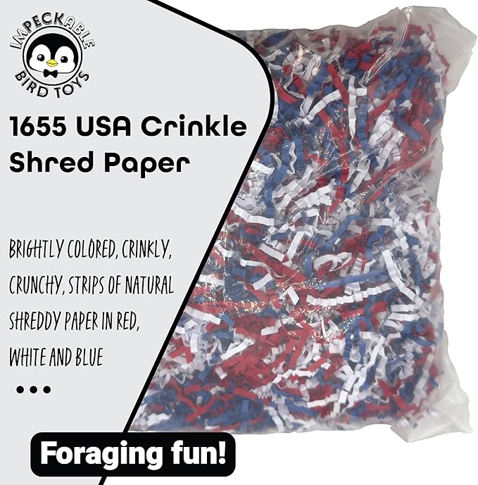 1655 USA Crinkle Paper Foraging Fill - 4oz Red White and Blue Shredded Crinkle Paper Filler - Bird Nesting - Safe Shreddable Enrichment for Parakeets, Cockatiels, Conures, African Greys & Macaws