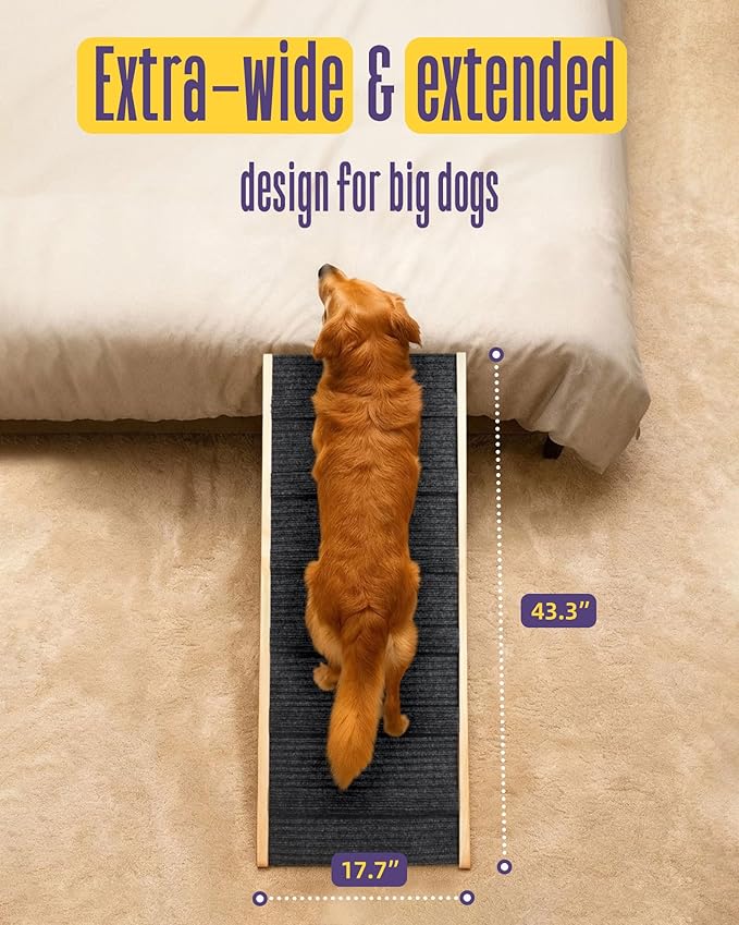 Wide Dog Ramp for Bed Couch Folding Dog Ramps for Large Dogs Up to 200 lbs, 43.3" Long Pet Ramp Adjustable Height Up to 24”