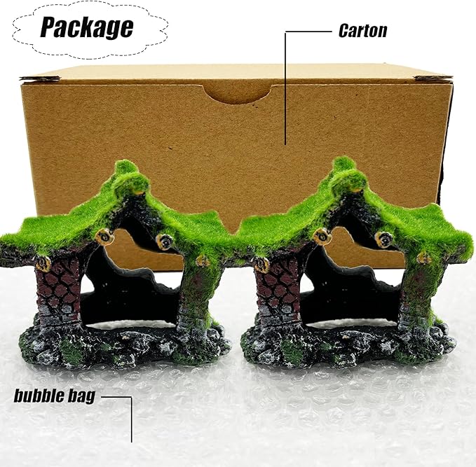 Tfwadmx Aquarium Decoration House Resin Hollow Betta Hideout House Fish Hide Tank Terrarium Accessories Cave Ornament for Small Shrimp Hideaway with Moss（2Pcs）