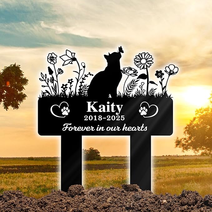 Custom Cat Grave Marker Outdoor | Personalized Pet Memorial Stone with Engraved Name & Lifespan Dates | Perfect Garden or Yard Tribute for Pet Loss | Durable Weatherproof Metal Material
