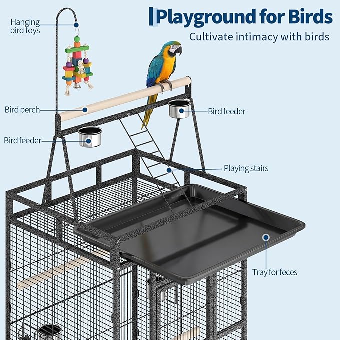 Large 82" Parrot Cage with Wheels, Play Top & Rope Perch - Spacious Flight Bird Cage for Parakeets, Cockatiels, Conures - Powder-Coated Speckled Black