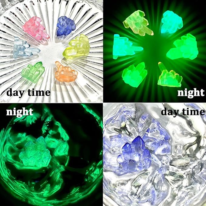MIUPOO Glow Crystal,Betta Stones,Glow in The Dark Crystal,Bonsai Decor,Chips Stone Small Decorative,Fish Tank Decor,6 Colors,24 Pieces.