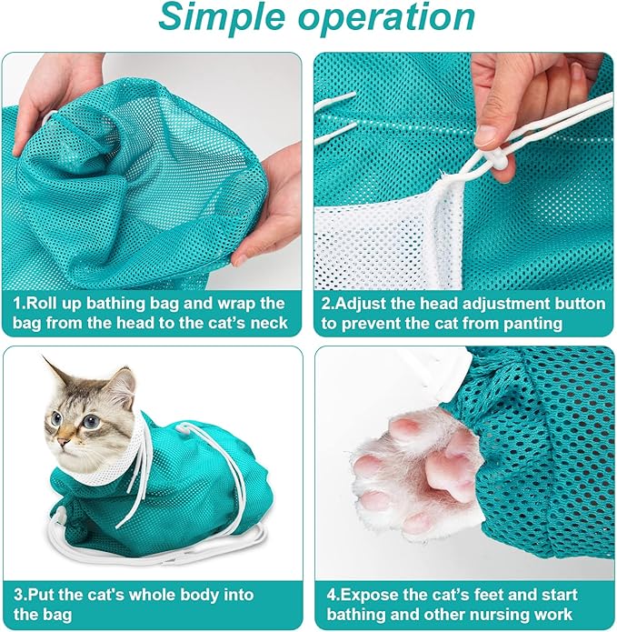 Cat Bathing Bag, Breathable Mesh Cat Shower Bag Anti Scratch Adjustable Cat Grooming Bag for Nail Trimming Polyester Soft Washing Bag