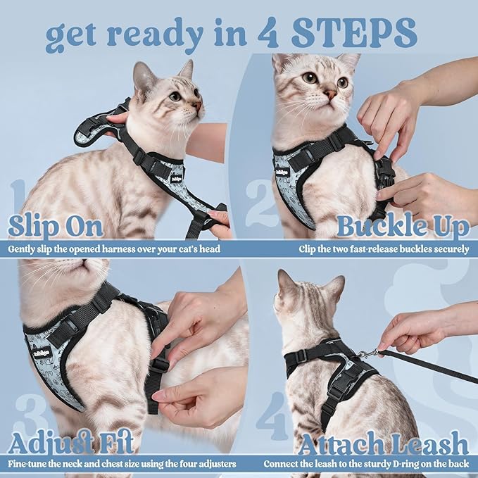 rabbitgoo Cat Harness and Leash for Walking, Escape Proof Soft Adjustable Vest Harnesses for Cats, Easy Control Breathable Reflective Strips Jacket, Doodle Gray,XS