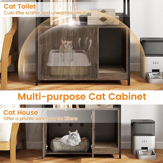 PETSITE Cat Litter Box Enclosure with Storage Shelves, 52 Inches Tall Hidden Litter Box with Charging Station, Scratching Board, and Winding Entry (Grey)