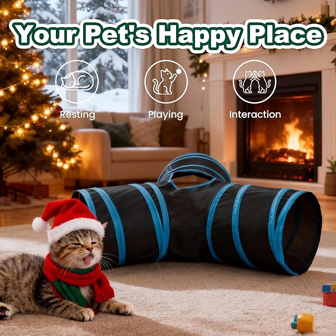 Love’s Cabin Cat Tunnel for Indoor Cats, 3-Way Collapsible Play Tunnel with Teaser Wand, Peek Holes & Toy Ball, Small Pet Toy for Kittens & Rabbits, Black & Blue, Small Size