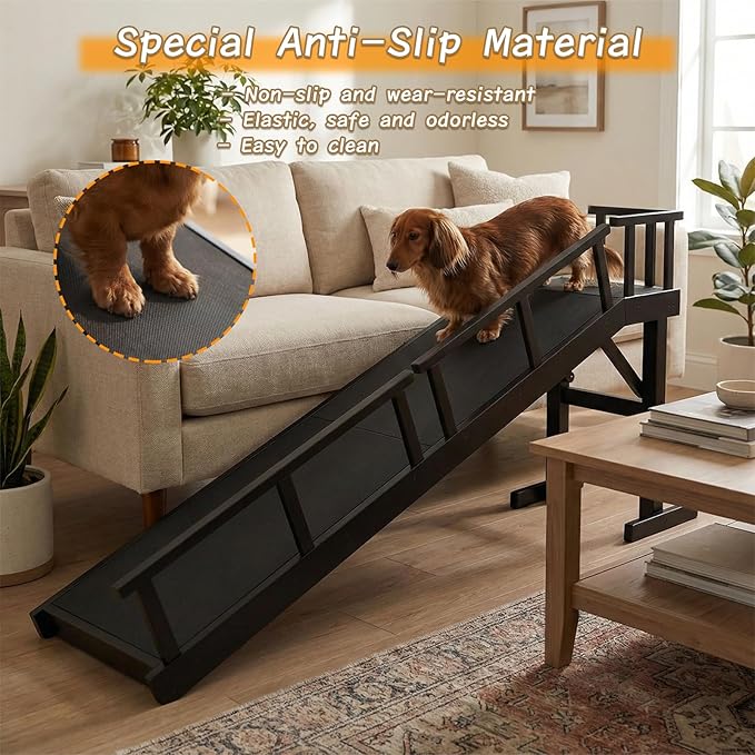 73" Dog Ramp for Bed,Birchwood Pet Ramp with Removable Side Rail and Non-Slip Surface, Pet Ramp for Small & Large Dogs with Rest Platform and DIY Glow Strips,Dog Stairs for Couch, Black