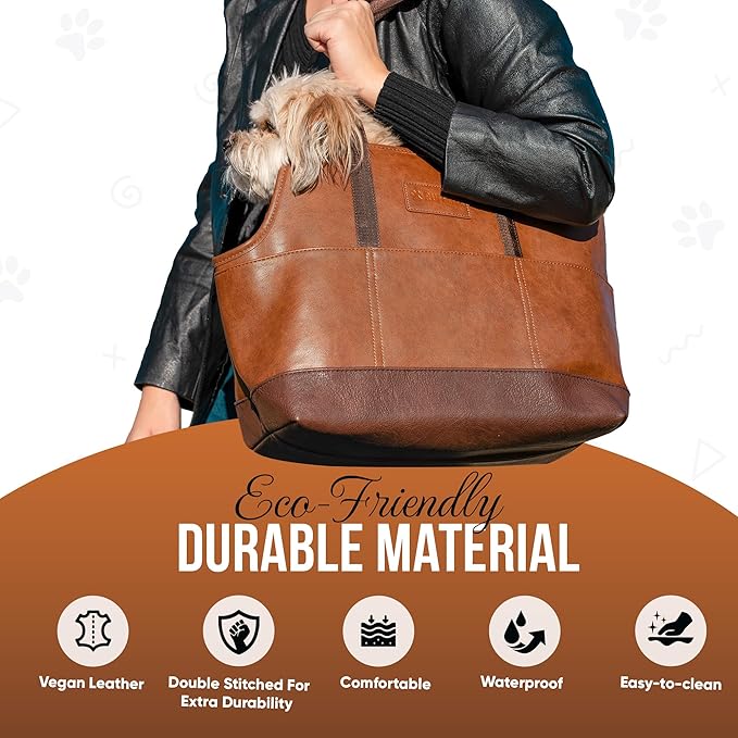 Faux Leather Dog Carrier for Small Dogs, Water-Resistant Designer Dog Purse with Safety Harness, Fashion Pet Carrier for Dogs 5-15 lbs, Luxury Dog Shoulder Carrier, Brown