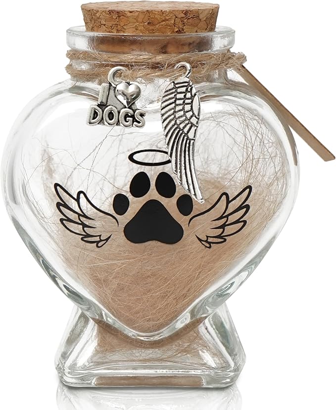 Pet Memorial Gift for Loss of Dog, Heart Shape Glass Jar & Bottle for Fur, Hair, Whiskers or Ashes Keepsake Urn with Cork Top, Charms for Cute Rainbow Bridge Memorial, Silver