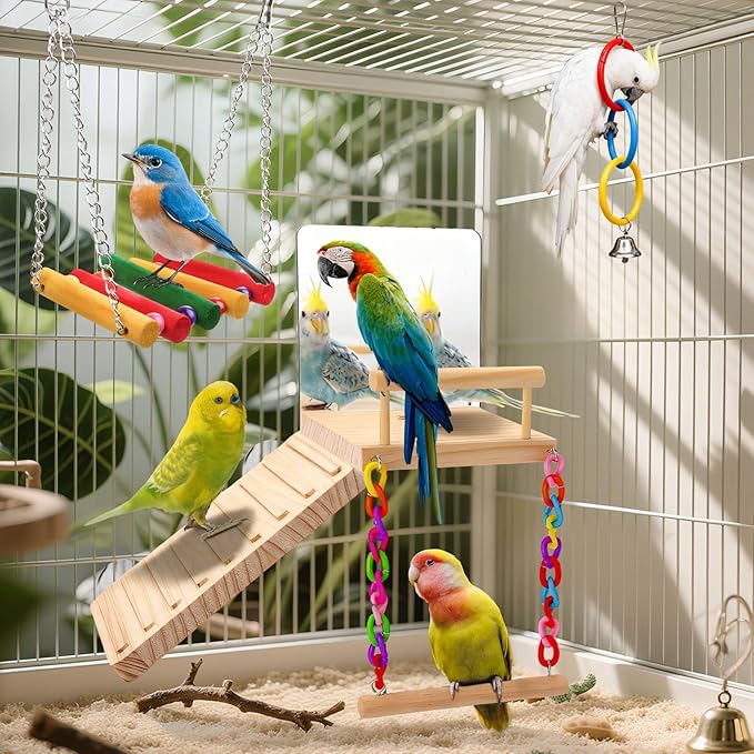 Perch Platform Bird Toys with Bird Mirror Climbing Ladder Swing,Tricolor Ring,Birds Perch Platform Bird Toys,Wooden Bird Cage Accessories,Suitable for Various Parrots and Birds