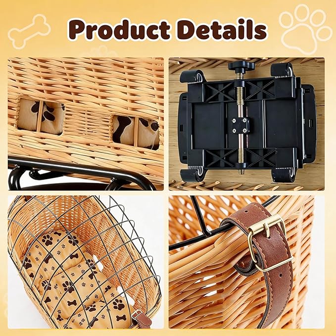 Dog Bike Basket Safe Portable Pet Bicycle Carrier for Small Dog Cat Natural Wicker with Protective Grille Luggage Rack Seat Ice Pad Comfort Cotton Cushion for Daily, Rides, Farmers'Markets Brown