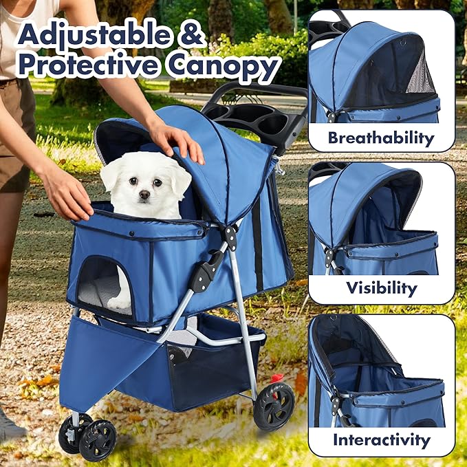 DUMOS 3 Wheels Pet Stroller for Small Dogs and Cats – Foldable Dog Stroller with Mesh Windows, Storage Basket & Cup Holder, Lightweight & Durable Pet Carrier for Travel, Outdoor Use – Blue