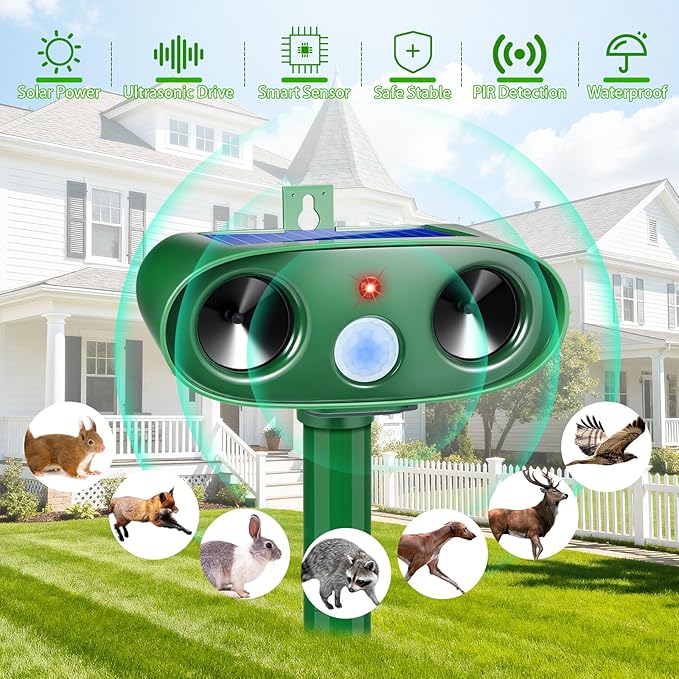 2026 Ultrasonic Solar Animal Repellent Outdoor Motion Activated Cat Repellent Outdoor Waterproof for Yard & Garden, Effective Rabbit Deer Raccoon Squirrel Coyote Deterrent Device 4 Pack