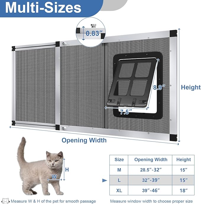 Ventilated Pet Door for Window 32"-38" Wide Adjustable, Silver Aluminum Frame + Stainless Steel Mesh | Breathable Bug-Proof | 4-Way Lock Magnetic Closure Cat Window Door,Cat Door for Window Insert