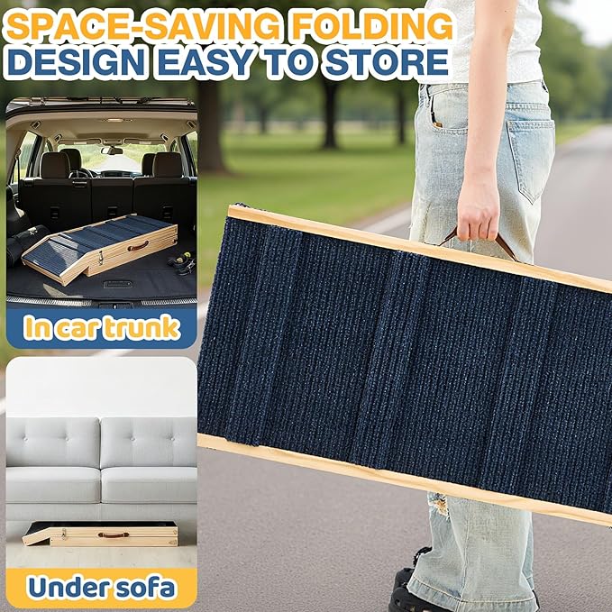 Foldable Dog Ramp for Bed/Couch/Car, 75'' Extra Long Wood Ramp with Anti-Slip Carpet, Gentle Long Slope, Top Landing Platform, 5 Adjustable Heights, Up to 200 Lbs, Ideal for Older and Larger Dogs
