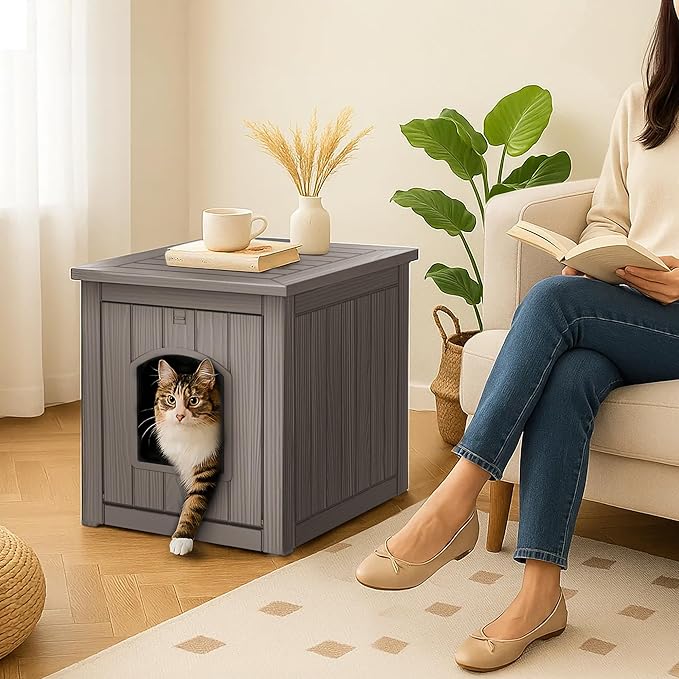 DRATO Outdoor Cat House -Weatherproof Resin Cat Houses for Cats, Durable, Easy Assembly,cat Igloo Outdoor，Durable & Insulated Shelter for Garden, Patio, or Backyard（Grey，18.46 * 23.62 * 21.42）