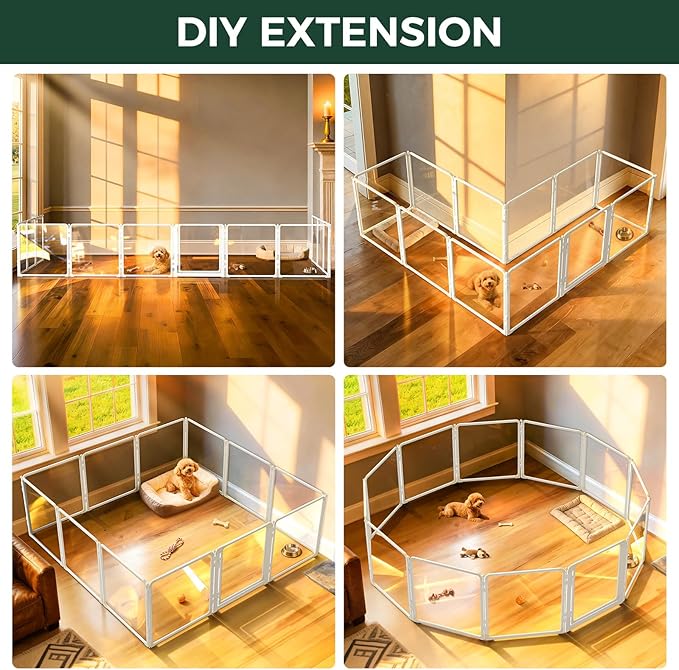 FXW AuraSpace Pro Metal & Acrylic Indoor Dog Playpen, All-Acrylic Clear Heavy-Duty Design, 24" Height 12 Panels for Puppies & Small Dogs, White│Patented
